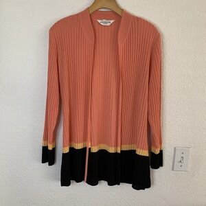 Misook Petite XS Ribbed Knit Open Front Cardigan Colorblock Coral Black‎ Pink